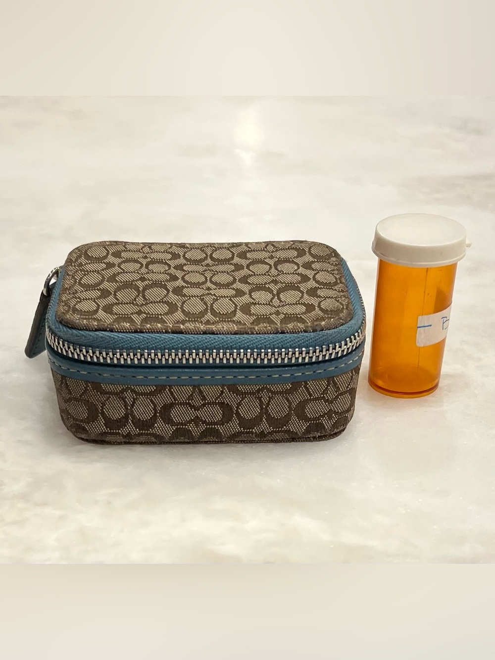Coach Pill Case Signature C Logo Canvas Brown Teal Leather Trim 1 Bottle Travel